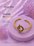 Gold bracelet on a purple cushion with flowers, featuring Altogether Jewelry branding.
